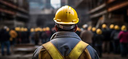 Rear view of engineer with yellow helmet standing in front of construction siteの素材