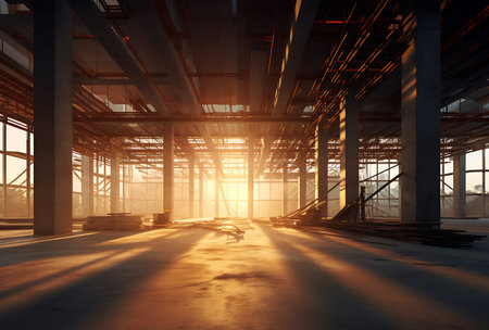Industrial interior of a large warehouse. 3d rendering toned imageの素材