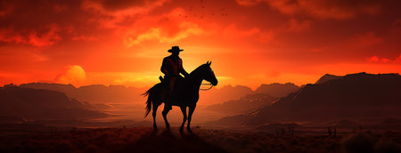 Cowboy on horseback at sunset. 3D render illustration.の素材