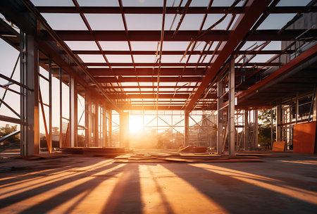 construction site with steel structure and sun light in the evening.の素材