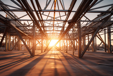 Steel structure structure at construction site with sunlight and lens flare effect.の素材