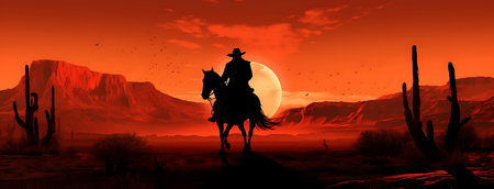 Illustration of a cowboy riding a horse in the desert at sunsetの素材
