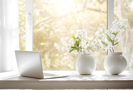 Laptop and vase with white flowers on the table near the windowの素材