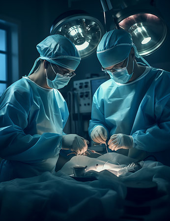 two veterinarian surgeons in operating room take with art lighting and blue filterの素材