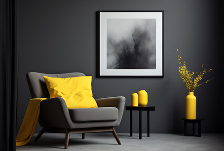 Interior of modern living room with black walls, concrete floor, black armchair and yellow sofa with yellow cushions. 3d renderの素材