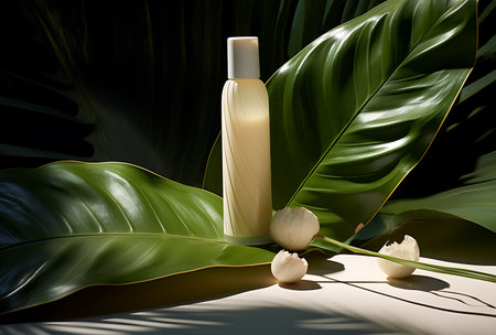 Mockup of a cosmetic bottle on a background of tropical leavesの素材