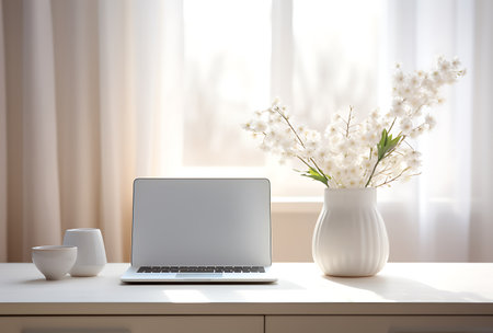 Laptop with blank screen on table in room. Mockup for designの素材