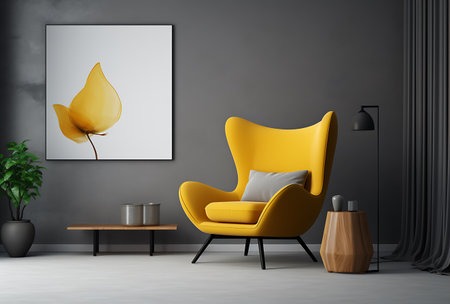 Interior of modern living room with yellow armchair, coffee table, lamp and poster. 3d renderの素材