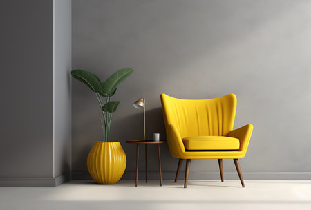 Interior of modern living room with yellow armchair, coffee table and plant. 3d renderの素材
