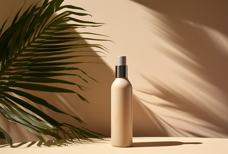 Cosmetic bottle on beige background with palm leaves shadows. Skin care product mockupの素材