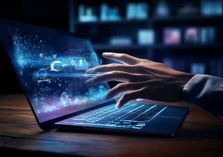 Close up of businesswoman hand working on laptop at table in officeの素材