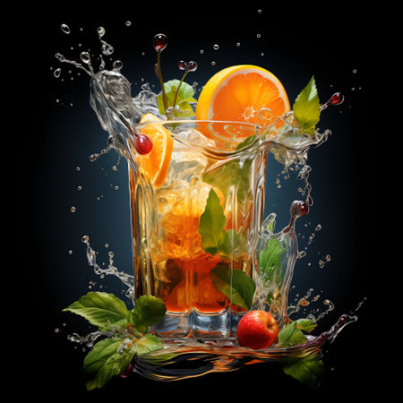 Cocktail with orange, mint and ice on a black backgroundの素材