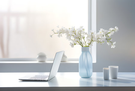 Laptop and vase with white flowers on the table. 3d renderingの素材