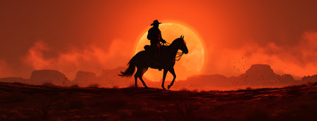 Cowboy on horseback in the desert at sunset. 3d renderの素材