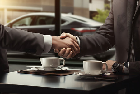 Businessman and businesswoman shaking hands in a coffee shop. Business concept.の素材