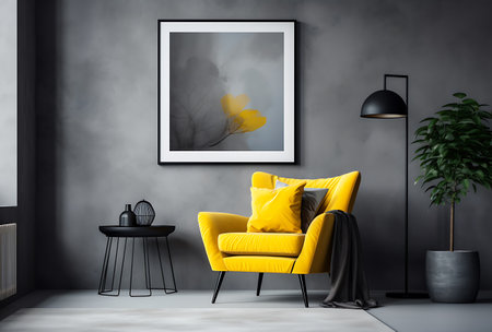 Modern living room interior with yellow armchair, coffee table and black mock up poster. 3d renderingの素材