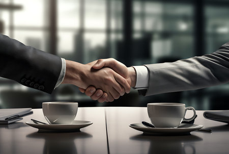 Close up of business people shaking hands in office. Partnership concept.の素材