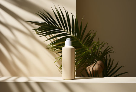 Mockup of cosmetic bottle on white shelf with palm leaf shadow.の素材
