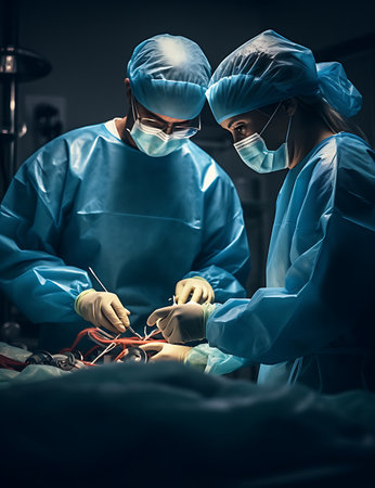 Surgeons in operating room. Group of surgeons in operating room with surgery equipment.の素材