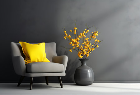 Comfortable armchair with yellow pillows in modern interior. 3d renderの素材