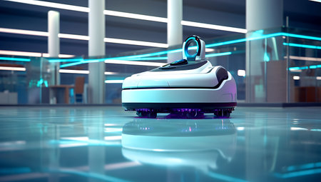 Robot vacuum cleaner in a modern office. 3d rendering.の素材