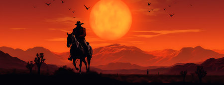 Cowboy on horseback at sunset. 3d render illustration.の素材