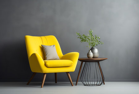 Yellow armchair with vase and coffee table on grey wall backgroundの素材