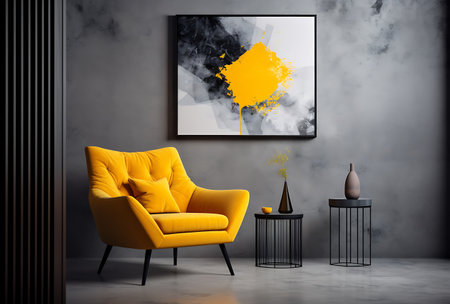 Yellow armchair in modern living room interior. 3d render illustrationの素材