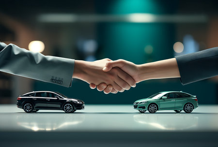 Close up of businessman shaking hands with automobile model on table at nightの素材