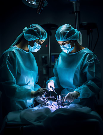 two veterinarian surgeons in operating room take with art lighting and blue filterの素材