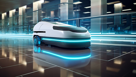 3d rendering of a white electric car with blue neon lights on the roofの素材