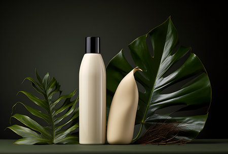 Mockup of natural cosmetic products with tropical leaves on dark backgroundの素材