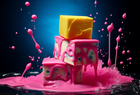 Falling pieces of pink and yellow soap with splashes on a black backgroundの素材
