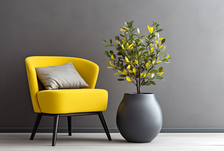 Yellow armchair with flower in black vase. 3d renderの素材