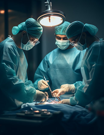 group of veterinarian surgery in operation room take with art lighting and blue filterの素材