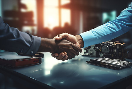 Close up of two businessmen shaking hands with each other in office.の素材