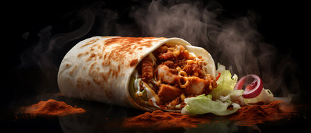 Burrito with meat and vegetables on a black background with smoke.の素材