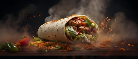 Tortilla wrap with meat and vegetables on a dark background.の素材