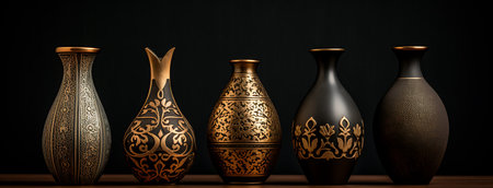 Set of decorative vases isolated on black background. 3d renderの素材