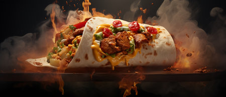delicious mexican burrito with meat and vegetables on fireの素材