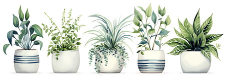 Illustration of a set of indoor plants in pots on a white backgroundの素材