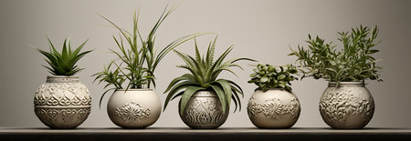 3d render of vases with succulent plants on wooden shelfの素材