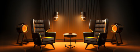 Black leather armchairs and a table in a dark room, 3d renderingの素材