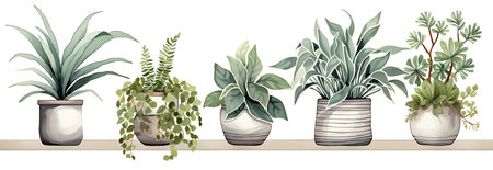 Illustration of a set of indoor plants in pots on a white backgroundの素材