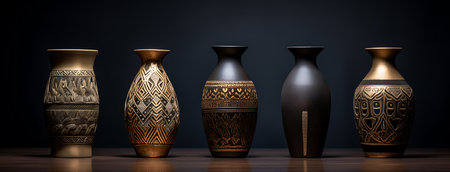 Set of ceramic vases on a black background. 3d renderingの素材