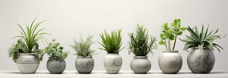 3d render of a set of vases with various plants.の素材