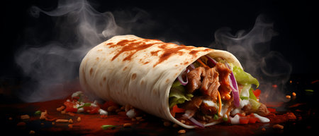Tortilla wrap with meat and vegetables on a black background.の素材