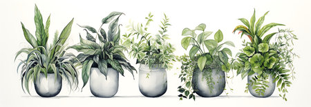 Illustration of various houseplants in vases on white backgroundの素材