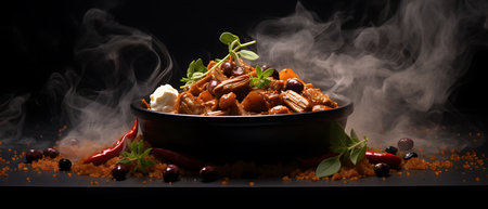 Rice with meat, mushrooms and spices on a black background.の素材