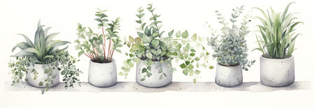 Watercolor potted plants illustration. Hand drawn green plants in pots.の素材
